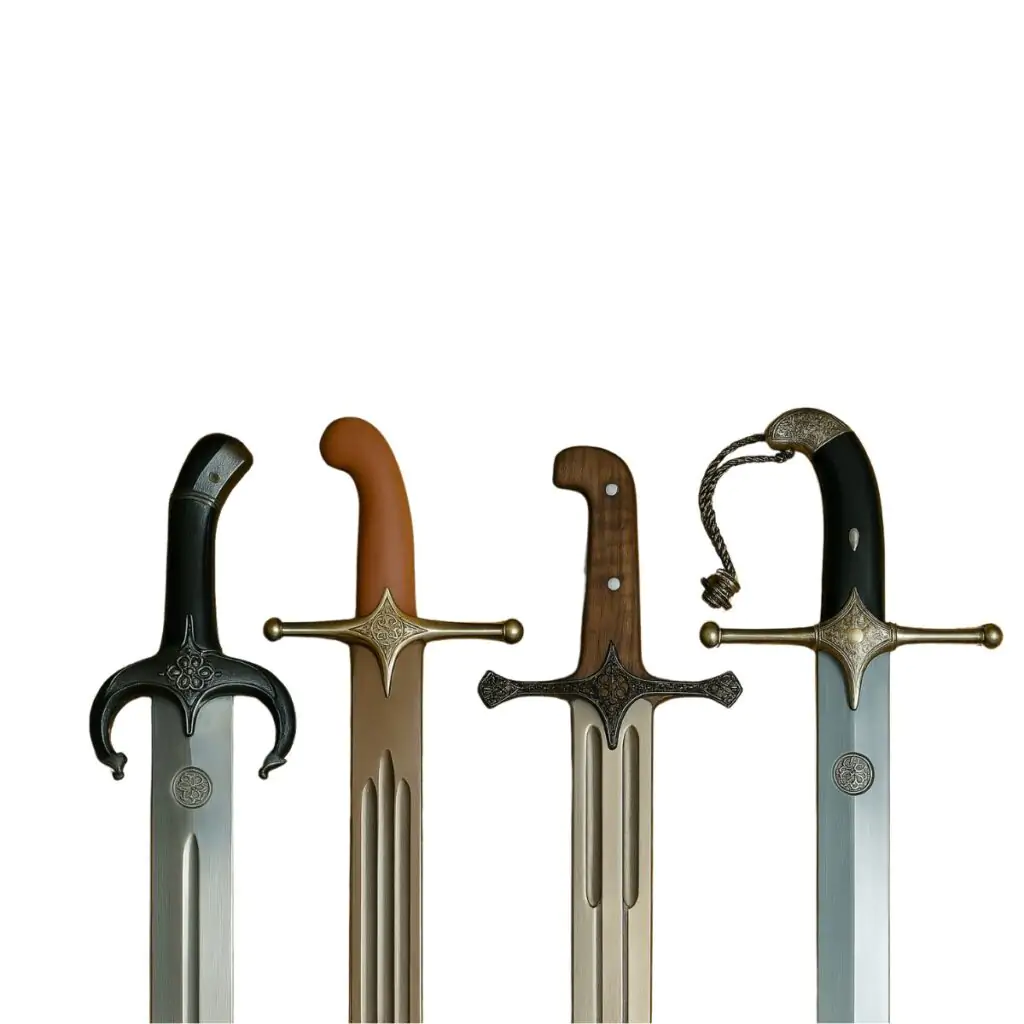 A photograph showcases four Persian-style swords laid out on a patterned fabric. Each sword features a distinct hilt design with ornate crossguards, curved grips, and detailed metalwork, reflecting traditional craftsmanship.