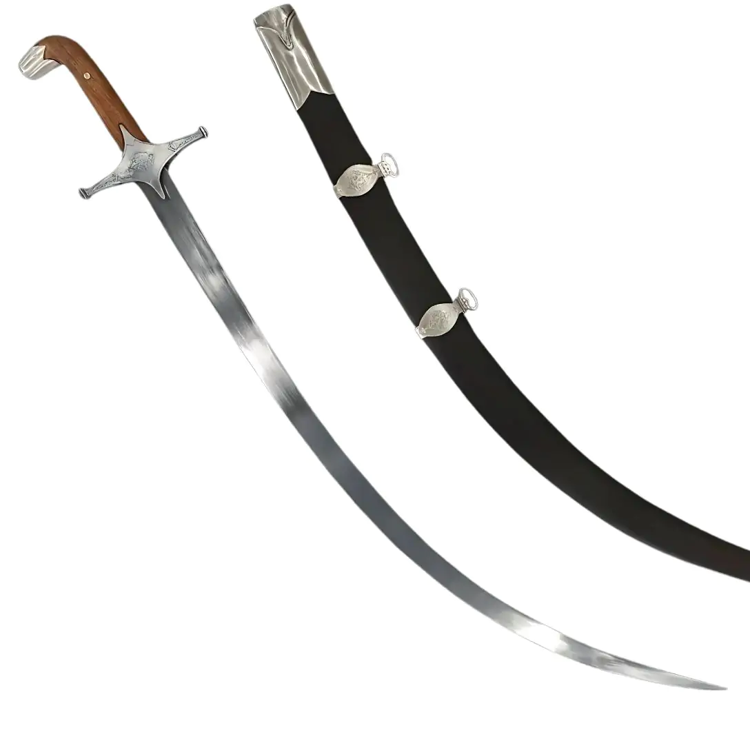 A high-resolution image of a Persian shamshir sword with a curved blade, wooden hilt, and ornate metal guard, displayed alongside its black scabbard with steel fittings