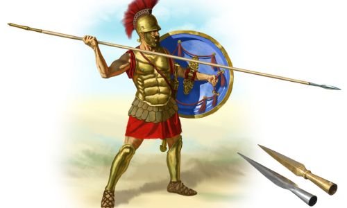A Roman soldier stands proudly, holding a spear in one hand and a shield in the other, dressed in traditional armor.